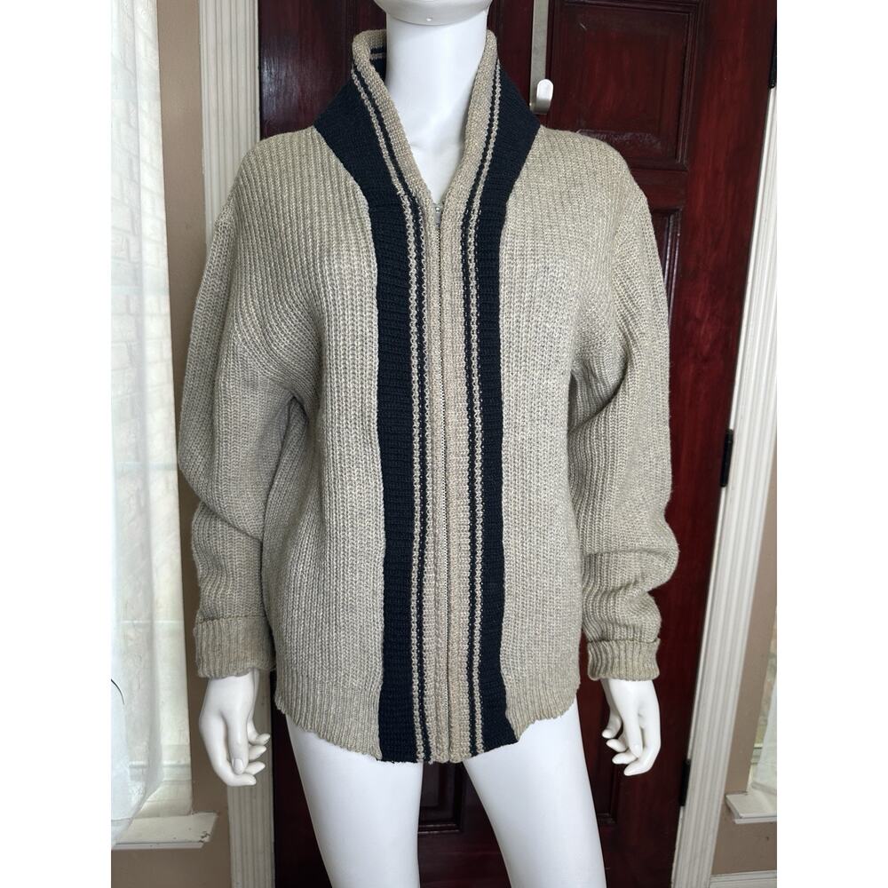 VTG 50s 60s Richline Lambswool Orlon Zip-Up Cardigan Sweater - Grey/Black - M/L - Picture 2 of 9